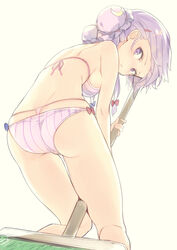  :/ alternate_hairstyle ass between_legs bikini blue_bow bow breasts broom closed_mouth commentary_request crescent double_bun female flat_ass from_behind hair_bun hair_ornament hairbow hairclip holding kojiki-life layered_bikini leaning_forward looking_back medium_breasts patchouli_knowledge purple_bikini purple_eyes purple_hair red_bow solo striped_bikini striped_clothes swimsuit t-back touhou white_background 