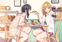  2girls :t alternate_costume bare_shoulders biting black_hair black_ribbon blonde_hair blurry blush book bowl box bread breakfast breasts cardigan casual chair chewing chinese_commentary closed_mouth cloth commentary_request controller cup day depth_of_field drawing_(object) drink drinking_glass eating egg_(food) elbows_on_table emilia_(krt_girls) fangxiang_cuoluan food food_theft fork french_fries fried_egg from_side fruit hair_over_shoulder hair_ribbon hand_on_table holding holding_fork holding_remote_control indoors jam jar knife krt_girls light_particles long_hair long_sleeves looking_at_another looking_at_viewer low-tied_long_hair meal medium_hair messy_hair milk multiple_girls off_shoulder orange_(fruit) orange_slice outstretched_arm pepper_shaker picture_frame plate polo_shirt profile red_shorts remote_control ribbon sandwiched saucer sausage shelf shirt shorts sidelocks sitting sleeves_past_elbows sleeves_past_wrists sleeves_pushed_up small_breasts strawberry sweater table unbuttoned wall white_shirt white_shorts wooden_chair wooden_table xiao_qiong yellow_eyes 