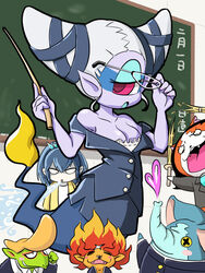  2girls bare_shoulders blank_eyes blue_hair blush_stickers bokken breasts chalkboard classroom cleavage colored_skin commentary_request cosplay cyclops elephant fangs feline flame-tipped_tail floating fubukihime fuumin_(youkai_watch) glasses gurerulin half-closed_eyes high_ponytail highres indoors jibanyan kumalita long_hair medium_breasts meramelion morezou multiple_girls notched_ear off_shoulder one-eyed open_mouth pink_eyes pompadour purple_skin removing_eyewear sakamoto_kinpachi sakamoto_kinpachi_(cosplay) sannen_b-gumi_kinpachi_sensei sannen_y-gumi_nyanpachi_sensei scar sword traditional_youkai weapon wooden_sword youkai_(youkai_watch) youkai_watch yuki_onna 