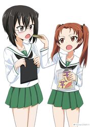  2girls bag black-framed_eyewear black_bow black_eyes black_hair black_neckerchief blouse blush bow brown_eyes brown_hair chips_(food) clipboard commentary cowboy_shot feeding food girls_und_panzer green_skirt hairbow holding holding_bag holding_food kadotani_anzu kawashima_momo long_hair long_sleeves looking_at_another miniskirt monocle multiple_girls neckerchief one-hour_drawing_challenge ooarai_school_uniform open_mouth parted_bangs pleated_skirt potato_chips school_uniform semi-rimless_eyewear serafuku shibagami shirt short_hair simple_background skirt standing twintails twitter_username under-rim_eyewear white_background white_shirt 