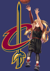  arm_warmers artistic_error azur_lane ball bare_shoulders basketball basketball_(object) black_legwear blonde_hair blue_background cleveland_(azur_lane) cleveland_cavaliers commentary_request female highres jersey jumping leg_warmers logo long_hair name_connection national_basketball_association open_mouth outstretched_arms red_eyes shoes shorts simple_background sneakers socks solo sportswear twintails yakkuro 