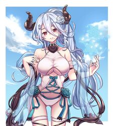  alternate_hairstyle ass_visible_through_thighs awa_(ngkh02) bare_shoulders blue_flower blue_hair blue_rose blush border breasts cloud collarbone commentary_request day draph female flower granblue_fantasy hair_between_eyes hair_flower hair_ornament head_tilt highres horns izmir izmir_(summer)_(granblue_fantasy) large_breasts long_hair looking_at_viewer mole mole_under_mouth navel official_alternate_costume one-piece_swimsuit outside_border parted_lips pointy_ears ponytail red_eyes rose sky snowflakes solo swimsuit very_long_hair white_one-piece_swimsuit 