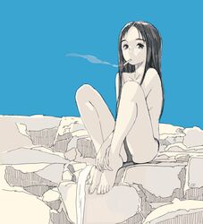  bad_id bad_tumblr_id bare_legs barefoot blue_sky cigarette collarbone day emanon_(character) female forehead freckles highres kokudou_juunigou long_hair looking_at_viewer memories_of_emanon mouth_hold outdoors panties parted_bangs partially_colored sitting sky smoke smoking solo topless underwear underwear_only very_long_hair 