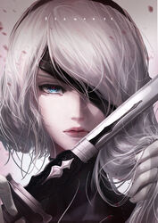  a2_(nier:automata) artist_name black_blindfold black_dress black_hairband blindfold blindfold_slip blue_eyes commentary cutting_hair dress english_commentary female gloves hairband holding holding_sword holding_weapon korean_commentary looking_at_viewer mole mole_under_mouth nier:automata nier_(series) one_eye_covered portrait reagan_kim red_lips solo sword weapon white_gloves white_hair 