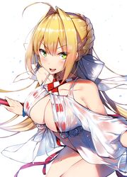  :d aestus_estus ahoge bare_shoulders blonde_hair blush bow braid breasts cleavage collarbone commentary_request dress fate/grand_order fate_(series) female gown green_eyes hair_intakes hair_ribbon hairbow hands_up highres holding holding_sword holding_weapon large_breasts leaning_forward looking_at_viewer nero_claudius_(fate) nero_claudius_(swimsuit_caster)_(fate) nero_claudius_(swimsuit_caster)_(third_ascension)_(fate) open_mouth orihi_chihiro ribbon sidelocks simple_background smile solo sword thighs v-shaped_eyebrows weapon white_background white_bow white_ribbon 