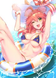  animal_ears armpits bikini blue_bikini blush breasts cleavage commentary_request ears_through_headwear fangs fate/grand_order fate_(series) female fox_ears hat highres hisayaki_kyuu innertube jewelry large_breasts long_hair looking_at_viewer navel necklace one_eye_closed open_mouth pink_hair smile solo sun_hat swim_ring swimsuit tamamo_(fate) tamamo_no_mae_(swimsuit_lancer)_(fate) tamamo_no_mae_(swimsuit_lancer)_(third_ascension)_(fate) teeth water white_hat yellow_eyes 