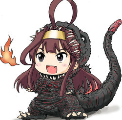  ahoge akiran_(r32) alternate_costume black_eyes brown_hair commentary cosplay eyebrows female fire godzilla godzilla_(cosplay) godzilla_(series) godzilla_(shin) hairband headband kaijuu kantai_collection kongou_(kancolle) long_hair monster oerba_yun_fang open_mouth parody sharp_teeth shin_godzilla simple_background solo tail teeth white_background 