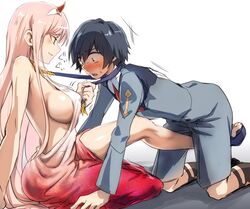  1boy all_fours assertive_female black_hair blue_necktie blush breasts commentary covered_nipples darling_in_the_franxx dress dry_humping female herozu_(xxhrd) hiro_(darling_in_the_franxx) humping leg_between_thighs legwear_garter long_hair medium_breasts military military_uniform necktie no_bra pink_hair sandals sideboob simple_background straight uniform white_background zero_two_(darling_in_the_franxx) 