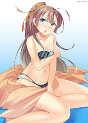  bad_id bad_pixiv_id bikini blue_eyes blush brown_hair chestnut_mouth female kankitsunabe_(citrus) kantai_collection kazagumo_(kancolle) kazagumo_(swimsuit_mode)_(kancolle) long_hair multi-strapped_bikini_bottom open_mouth orange_sarong ponytail sarong see-through see-through_sarong sitting solo swimsuit torn_clothes twitter_username wariza 