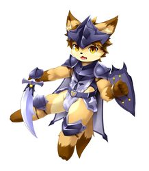  2016 anthro armor canid canine cute_fangs looking_at_viewer male mammal melee_weapon open_mouth rann shield solo sword weapon yellow_eyes young 