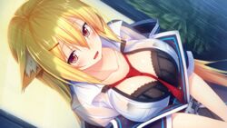  animal_ears aristear_remain astronauts astronauts_comet black_bra blonde_hair blush bra breasts cleavage collarbone collared_shirt dutch_angle female fox_ears game_cg highres kanzaki_eruza kokusan_moyashi large_breasts long_hair looking_away outdoors parted_lips rain red_eyes rozea solo standing water wet wet_clothes 