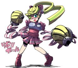  ;d arms_(game) blue_eyes character_name commentary_request female full_body hair_ribbon kiwa_(pokemonwars) long_hair looking_at_viewer oerba_yun_fang one_eye_closed open_mouth pleated_skirt ponytail ribbon ribbon_girl_(arms) ribbon_hair shadow shoes simple_background skirt smile sneakers sparky_(arms) white_background 