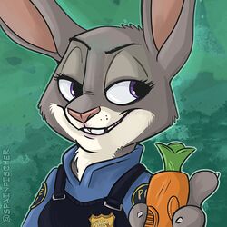  1:1 anthro carrot_pen clothed clothing disney eyelashes female food fur grey_body grey_fur holding_object holding_pen holding_writing_utensil judy_hopps lagomorph leporid mammal pen plant police police_uniform portrait pose purple_eyes rabbit reaction_image smug solo sophiecabra themed_object uniform vegetable watermark writing_utensil zootopia 