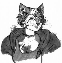  2017 anthro biped breasts bust_portrait character_name cheek_tuft choker cleavage clothed clothing domestic_cat ear_piercing eye_through_hair eyebrow_through_hair eyebrows facial_piercing facial_tuft felid feline felis female front_view fur greyscale hair half-closed_eyes heterochromia hoodie inner_ear_fluff jewelry lip_piercing lip_ring looking_at_viewer mammal marker_(artwork) markings mary_(fluffyboobs) mixed_media mole_(marking) monochrome moodyglider mottled multicolored_body multicolored_fur multicolored_hair narrowed_eyes necklace nose_piercing nose_ring open_clothing open_hoodie open_topwear pen_(artwork) piebald piercing portrait pupils ring_piercing septum_piercing shirt short_hair signature simple_background slit_pupils smile solo text topwear traditional_media_(artwork) translucent translucent_hair tuft undershirt whiskers white_background 