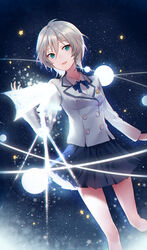  anastasia_(idolmaster) blue_eyes commentary_request female glowing grey_hair highres idolmaster idolmaster_cinderella_girls limbo_(artist) open_mouth orbital_path school_uniform short_hair sky smile solo star_(sky) starry_sky telescope 