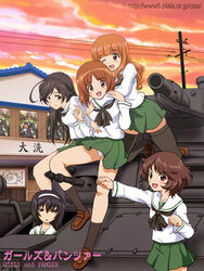  5girls akiyama_yukari anglerfish black_eyes black_hair breasts brown_eyes brown_hair cloud commentary_request day evening fish girls_und_panzer house hug isuzu_hana long_hair military military_vehicle motor_vehicle multiple_girls nishizumi_miho nolia ooarai_school_uniform orange_eyes orange_hair panties panzer_iv pleated_skirt reizei_mako school_uniform short_hair skirt sky smile takebe_saori tank underwear 