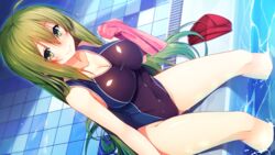  aristear_remain astronauts astronauts_comet bare_arms bare_legs bare_shoulders blush breasts cleavage covered_navel dutch_angle eyebrows eyebrows_visible_through_hair female game_cg green_eyes green_hair highres holding ichinose_anzu kokusan_moyashi large_breasts legs long_hair looking_at_viewer mound_of_venus pool rozea sitting smile solo swimsuit thighs towel water wet 