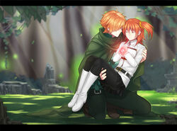  1boy black_pantyhose black_skirt boots brown_hair cape carrying chaldea_uniform closed_eyes commentary_request day fate/extra fate/grand_order fate_(series) female forest fujimaru_ritsuka_(female) green_pants hair_ornament hair_scrunchie highres hira_(daphne) jacket knee_boots kneeling letterboxed long_hair miniskirt nature one_side_up orange_hair orange_scrunchie outdoors own_hands_together pants pantyhose pleated_skirt princess_carry robin_hood_(fate) scrunchie skirt tattoo tree uniform white_footwear white_jacket 