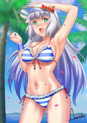  amasaki_yusuke bikini blue_bikini blue_sky breasts cleavage cloud commentary cowboy_shot day female frilled_bikini frills front-tie_top green_eyes grey_hair gundam gundam_exa hat long_hair medium_breasts navel ocean outdoors palm_tree photoshop_(medium) side-tie_bikini_bottom signature sky solo sthesia_awar striped_bikini striped_clothes swimsuit tree very_long_hair visor_cap white_hat 