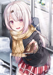  :d bag black_coat blurry blush brown_sweater candy chocolate chocolate_bar coat commentary_request cowboy_shot depth_of_field duffel_coat female food fringe_trim giving hair_ornament hairclip highres holding holding_food incoming_gift leaning_forward long_hair long_sleeves looking_at_viewer meiji_(brand) meiji_milk_chocolate miniskirt nijisanji open_mouth outdoors pink_eyes plaid plaid_scarf plaid_skirt pleated_skirt railing red_skirt scarf school_bag school_uniform shiina_yuika sidelocks skirt smile snow solo standing sweater very_long_hair virtual_youtuber white_hair wing_collar winter yellow_scarf yuuri_nayuta 