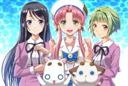  3girls amanchu! animal aria_(amanchu!) aria_(manga) aria_company_uniform aria_pokoteng arm_hug bad_id bad_pixiv_id black_hair blue_eyes blush commentary_request creator_connection crossover feline green_eyes green_hair hair_tubes hat kohinata_hikari long_hair looking_at_viewer mizunashi_akari multiple_girls ooki_futaba pink_hair ribbon school_uniform short_hair swept_bangs telaform uniform yellow_eyes 