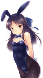  animal_ears bare_shoulders black_pantyhose blush bow breasts brown_eyes brown_hair commentary detached_collar fake_animal_ears female hairbow highres idolmaster idolmaster_cinderella_girls long_hair pantyhose photoshop_(medium) playboy_bunny rabbit_ears rabbit_tail ryusei2u simple_background small_breasts solo tachibana_arisu tail wrist_cuffs 