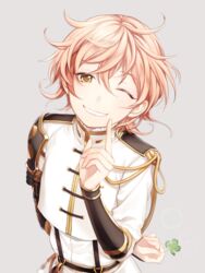  1boy blonde_hair clover commentary_request finger_to_mouth four-leaf_clover grin male_focus monoyoshi_sadamune oisih one_eye_closed smile suspenders touken_ranbu yellow_eyes 