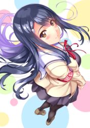  aho_girl armband black_hair black_pantyhose blush brown_eyes commentary_request female floating_hair from_above full_body fuuki_iinchou_(aho_girl) hair_ornament hairclip loafers long_hair looking_at_viewer pantyhose ribbon school_uniform shoes smile solo standing very_long_hair yukikaze_(aaassszzz) 