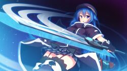  aristear_remain astronauts astronauts_comet blue_eyes blue_hair blush breasts female fingerless_gloves furukawa_mai game_cg garter_straps hat highres holding holding_sword kokusan_moyashi legs long_hair looking_at_viewer parted_lips rozea simple_background skirt solo standing sword thighhighs thighs 