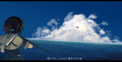  aircraft airplane annin_musou bad_id bad_pixiv_id black_border border brown_hair cloud cloudy_sky day female flight_deck green_hakama hakama hakama_skirt headphones highres japanese_clothes kantai_collection kasuga_maru_(kancolle) letterboxed ocean short_hair short_sleeves skirt sky solo taiyou_(kancolle) taiyou_kai_ni_(kancolle) translated 