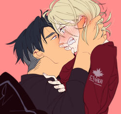  2boys bad_id bad_pixiv_id black_hair blonde_hair blue_eyes blush clenched_teeth con_potata covering_another&#039;s_mouth green_eyes hand_in_another&#039;s_hair hand_over_another&#039;s_mouth hood hoodie jean-jacques_leroy leaf male_focus maple_leaf multiple_boys simple_background teeth yaoi yuri!!!_on_ice yuri_plisetsky 