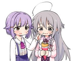  2girls ahoge arm_at_side arm_up ascot blue_skirt blush braid brown_eyes coat collared_shirt commentary crepe food food_on_face grey_eyes grey_hair hair_between_eyes hair_ornament hairclip holding holding_food hoshi_syoko idolmaster idolmaster_cinderella_girls idolmaster_cinderella_girls_starlight_stage koshimizu_sachiko long_hair long_sleeves looking_down moru_(monaka) multiple_girls neck_ribbon open_clothes open_coat polka_dot polka_dot_skirt purple_ascot purple_ribbon purple_shirt ribbon shirt short_hair side_braid simple_background single_braid skirt suspender_skirt suspenders sweatdrop very_long_hair white_background white_polka_dots white_shirt wiping_face 