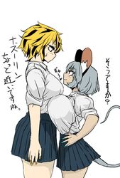  2girls alternate_breast_size animal_ears asymmetrical_docking black_hair blonde_hair blue_nails breast_contest breast_press breasts buchineko_(skapple4) commentary_request eye_contact face-to-face grey_hair hands_on_own_hips height_difference highres huge_breasts large_breasts looking_at_another miniskirt mouse_ears mouse_tail multicolored_hair multiple_girls nail_polish nazrin school_uniform short_hair skirt smirk smug sweat tail thick_eyebrows toramaru_shou touhou translated two-tone_hair white_background yellow_nails 