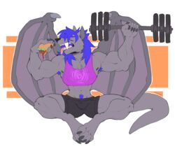  absurd_res anthro armpit_hair biped body_hair bottomwear bulge burger canid canine clothed clothing digital_media_(artwork) exercise food hi_res male mammal muscular muscular_anthro muscular_male open_mouth pubes shirt shorts sitting solo spazzyhusky tank_top tongue tongue_out topwear weightlifting workout 