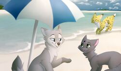  beach blue_eyes canid canine collaboration day detailed_background digital_media_(artwork) domestic_cat duo felid feline felis feral green_eyes group izabella mammal outside sand seaside shaded sky yana-r 