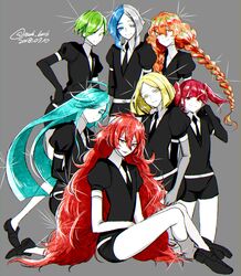  6+others alexandrite_(houseki_no_kuni) aqua_eyes aqua_hair black_necktie blue_hair commentary_request elbow_gloves euclase_(houseki_no_kuni) gem_uniform_(houseki_no_kuni) gloves green_eyes green_hair hair_between_eyes hair_over_one_eye heterochromia highres houseki_no_kuni long_hair looking_at_viewer morino_bambi multicolored_hair multiple_others necktie padparadscha_(houseki_no_kuni) peridot_(houseki_no_kuni) red_beryl_(houseki_no_kuni) red_eyes red_hair short_hair short_sleeves shorts signature smile sphene_(houseki_no_kuni) thighhighs very_long_hair yellow_diamond_(houseki_no_kuni) yellow_eyes 