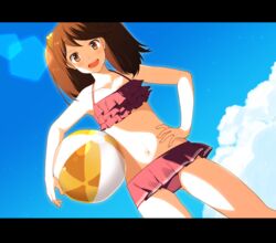  :d ball bare_shoulders beachball bikini bikini_skirt blue_sky brown_hair cloud collarbone commentary_request day female flat_chest frilled_bikini frills hair_ornament hair_scrunchie hand_on_own_hip kantai_collection letterboxed long_hair looking_at_viewer navel open_mouth red_bikini ryuujou_(kancolle) sahuyaiya scrunchie sky smile solo swimsuit teeth twintails 