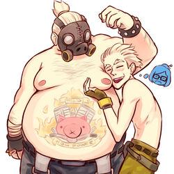  2boys big_belly blonde_hair chest_hair commentary english_commentary fat fat_man fingerless_gloves gas_mask glasses gloves grabbing imagining junkrat_(overwatch) male_focus manboobs mask mei_(overwatch) multiple_boys overwatch overwatch_1 pig_tattoo roadhog_(overwatch) sieyarelow stomach_tattoo tattoo topknot topless_male white_hair yaoi 