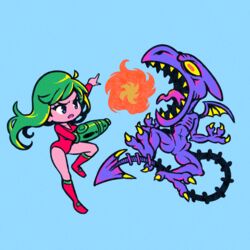  akairiot alternate_costume alternate_hair_color arm_cannon blue_background blue_eyes boots chibi commentary female fireball green_hair justin_bailey knee_boots leotard long_hair metroid metroid_(classic) monster pink_footwear pink_leotard ridley samus_aran simple_background tail weapon wide_shot wings 