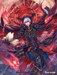  1boy alisaris_(force_of_will) bad_id bad_pixiv_id banamons black_gloves book copyright_name demon_horns force_of_will gloves holding holding_book hood horns male_focus open_book red_eyes standing watermark white_hair zodiac 