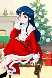  archived_source bad_id bad_link blue_eyes blue_hair box breasts chair christmas_tree cleavage dress female fujiwara_aya fur_collar fur_trim gift gift_box hand_on_own_cheek hand_on_own_face indoors long_hair long_sleeves looking_at_viewer medium_breasts official_art red_dress santa_costume side_slit sitting smile solo super_real_mahjong tanaka_ryou 