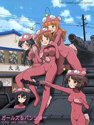  5girls akiyama_yukari anglerfish anglerfish_costume black_eyes black_hair blush breasts brown_eyes brown_hair cloud commentary_request day embarrassed fish girls_und_panzer house hug isuzu_hana long_hair military military_vehicle motor_vehicle multiple_girls nishizumi_miho nolia orange_eyes orange_hair panzer_iv reizei_mako short_hair sky smile takebe_saori tank 