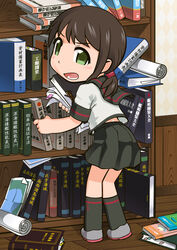  aka-kabuto_no_gema black_eyes black_hair black_sailor_collar black_skirt black_socks book bookshelf commentary_request female from_behind fubuki_(kancolle) fubuki_kai_ni_(kancolle) kantai_collection kneehighs looking_at_viewer looking_back low_ponytail map_(object) open_mouth pleated_skirt ponytail sailor_collar school_uniform serafuku shelving_book short_ponytail sidelocks skirt socks solo 