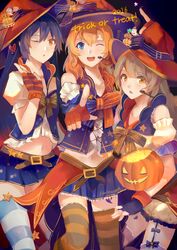  3girls absurdres bad_id bad_pixiv_id blue_eyes blue_hair blush commentary fingerless_gloves girl_sandwich gloves grey_hair halloween hat headset highres jack-o&#039;-lantern kosaka_honoka lanlanlu_(809930257) long_hair looking_at_viewer love_live! love_live!_school_idol_festival love_live!_school_idol_project minami_kotori multiple_girls navel one_eye_closed open_mouth pointing pointing_at_viewer pumpkin sandwiched skirt smile sonoda_umi striped_clothes striped_thighhighs thighhighs trick_or_treat witch witch_hat yellow_eyes 