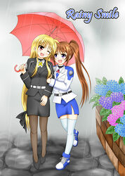  2girls blonde_hair brown_hair couple fate_testarossa flower happy kimi long_hair lyrical_nanoha mahou_shoujo_lyrical_nanoha mahou_shoujo_lyrical_nanoha_strikers military_uniform rain side_ponytail takamachi_nanoha umbrella uniform very_long_hair yuri 