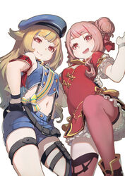  2girls atk7 bare_shoulders belt black_belt black_gloves black_skirt blonde_hair blue_hat blue_shorts chinese_clothes commentary double_bun frilled_skirt frills gloves gold_trim hair_bun hair_ribbon hat himehina_channel lolita_fashion long_hair looking_at_viewer midriff miniskirt multiple_girls navel photoshop_(medium) pink_eyes pink_hair pink_legwear pleated_skirt purple_eyes qi_lolita red_eyes red_ribbon ribbon short_hair shorts sidelocks simple_background skirt smile suspenders suzuki_hina tanaka_hime thighhighs virtual_youtuber white_background 