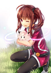  ahoge brown_hair clefairy commentary_request cosplay female female_protagonist_(pokemon_go) female_protagonist_(pokemon_go)_(cosplay) highres idolmaster idolmaster_million_live! leggings long_hair one_eye_closed open_mouth pokemon pokemon_(creature) pokemon_go purple_eyes ro_risu side_ponytail smile yokoyama_nao 