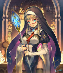  aqua_eyes artist_name black_thighhighs blonde_hair breasts candle cape church commentary_request covered_nipples cowboy_shot female glasses groin holding hood indoors jewelry lace lace-trimmed_legwear lace_trim long_hair looking_at_viewer luoxuan_jingjie_xian lvans medium_breasts no_panties pelvic_curtain photoshop_(medium) puffy_sleeves red-framed_eyewear ring semi-rimless_eyewear side_slit sidelocks signature solo staff thighhighs under-rim_eyewear wide_sleeves 