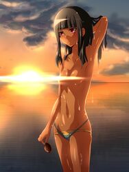  bikini black_hair blush dark_skin female kotsu_masumi long_hair mugicha_(sukimachaya) red_eyes solo swimsuit water wet yu-gi-oh! yuu-gi-ou_arc-v 