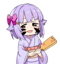  2017 bow brown_eyes brown_sash commentary female hagoita hair_ornament hairbow hairclip hanetsuki holding holding_paddle idolmaster idolmaster_cinderella_girls japanese_clothes kimono koshimizu_sachiko light_purple_hair long_sleeves moru_(monaka) open_mouth paddle purple_bow purple_kimono red_bow short_hair simple_background solo tearing_up white_background wide_sleeves 